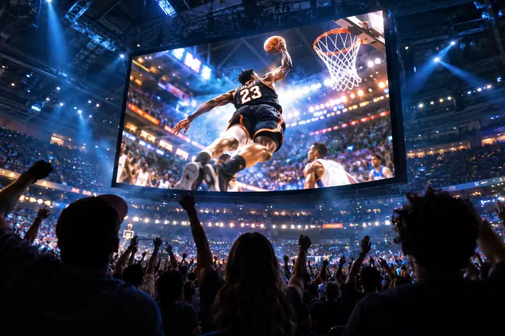 A vivid animated sports video plays on a large screen above a crowded indoor arena, seen from the audience.